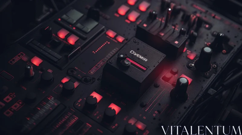 Modern Black Audio Mixer with Red Lights - Detailed Close-Up AI Image