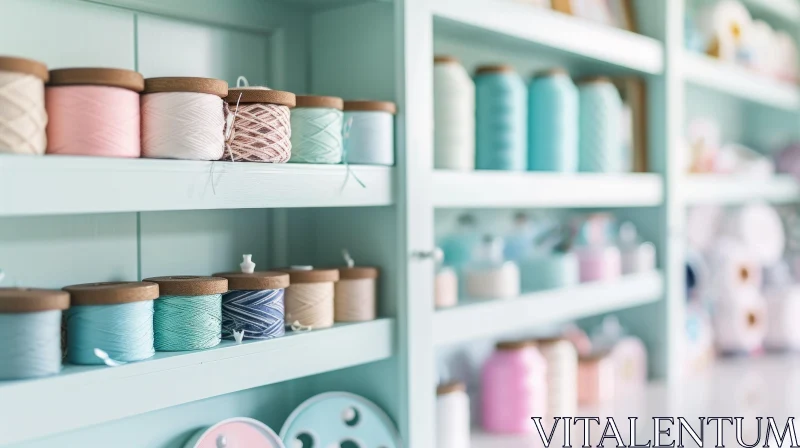 Organized and Colorful Sewing Supplies on Dreamy Blue Shelves AI Image