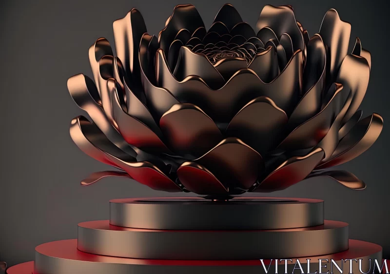 Red Metal Flower on Black Podium - Futuristic Technological Design AI Image