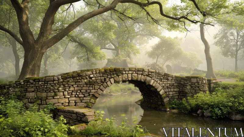 Stone Bridge in Forest: Serene Landscape with Lush Green Trees AI Image