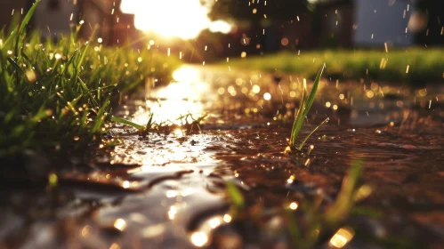 Tranquil Nature Image: Green Grass and Reflecting Puddle