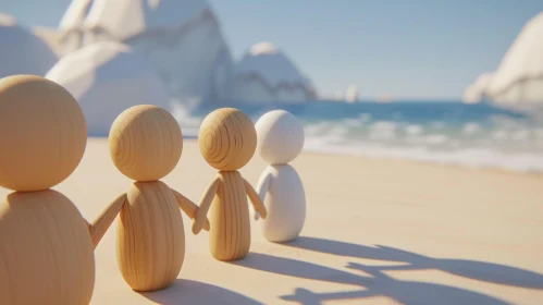Wooden Figures on Beach | Serene 3D Rendering