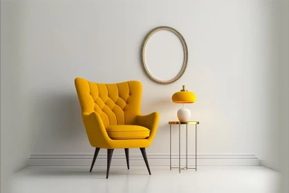 Yellow Armchair on White Background with Gold Lamp - Retro-style Design