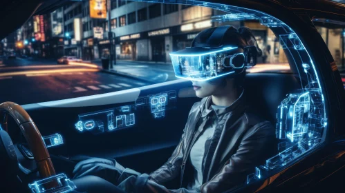 Young Woman in Car with Virtual Reality Headset - Futuristic City Experience