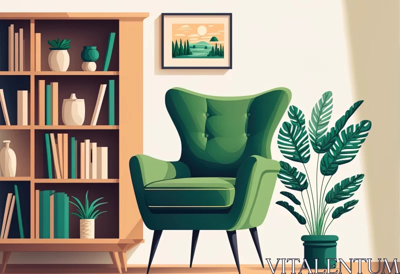 AI ART Captivating Green Armchair and Bookshelf Illustration | Mid-Century Style