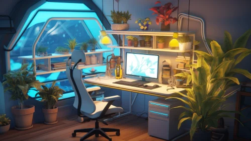 Cozy Futuristic Home Office with Underwater View