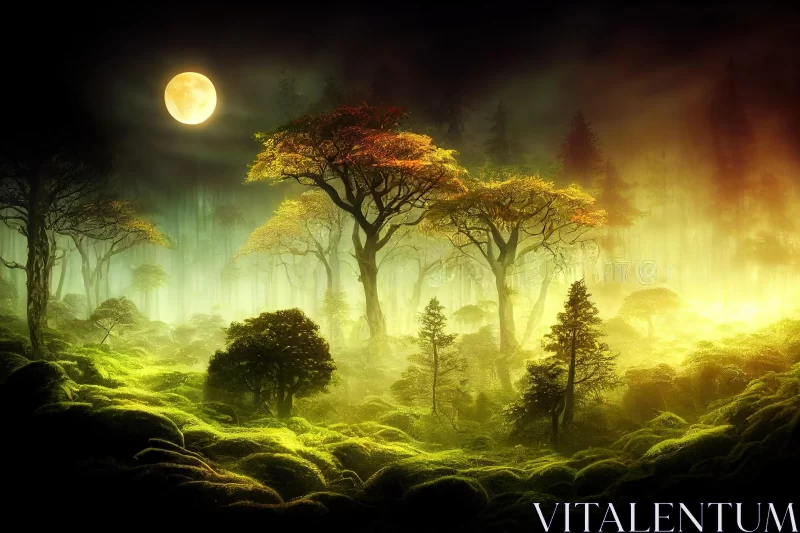 Enchanting Night Forest with Mossy Green Trees and Moon - Fantasy Art AI Image