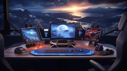 Futuristic Gaming Setup with Dragon Design in Mountain Room