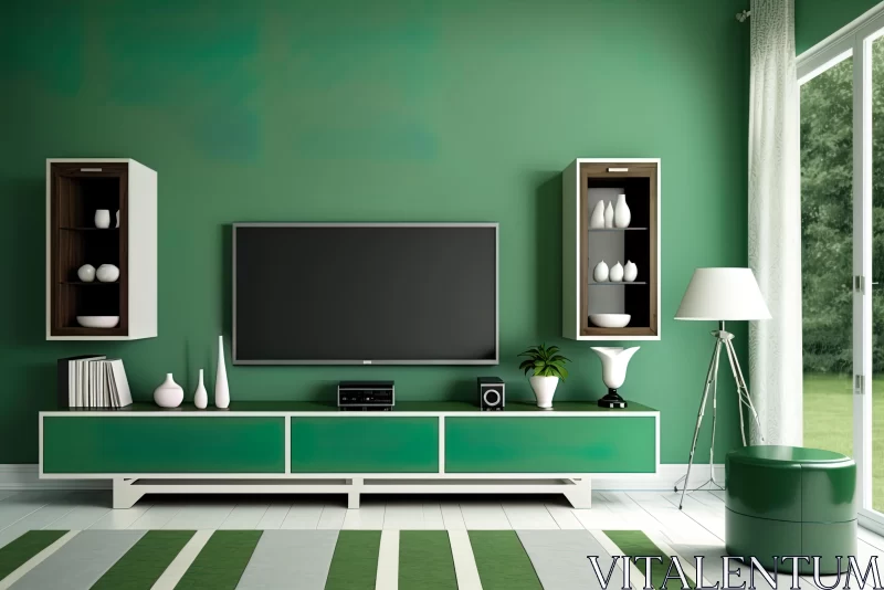 Green and White Living Room with TV | Rich Colors | Anglocore Style AI Image
