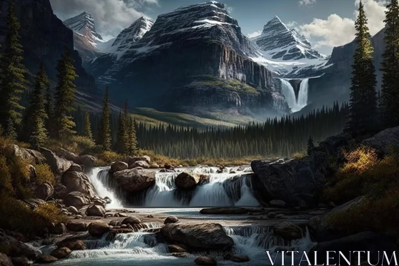 Majestic Mountain Painting with Waterfall | Dark and Foreboding Landscapes AI Image