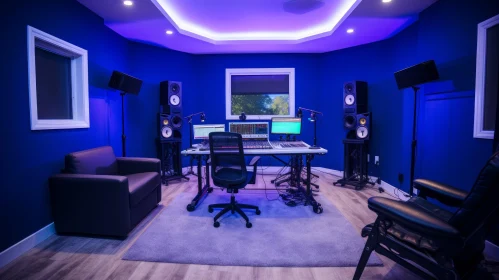 Professional Recording Studio with Blue Walls and Mixing Console