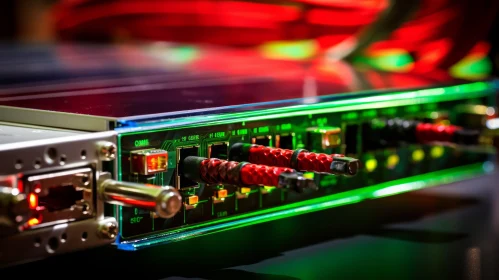 Server Close-Up with Green Lights and Red Cables