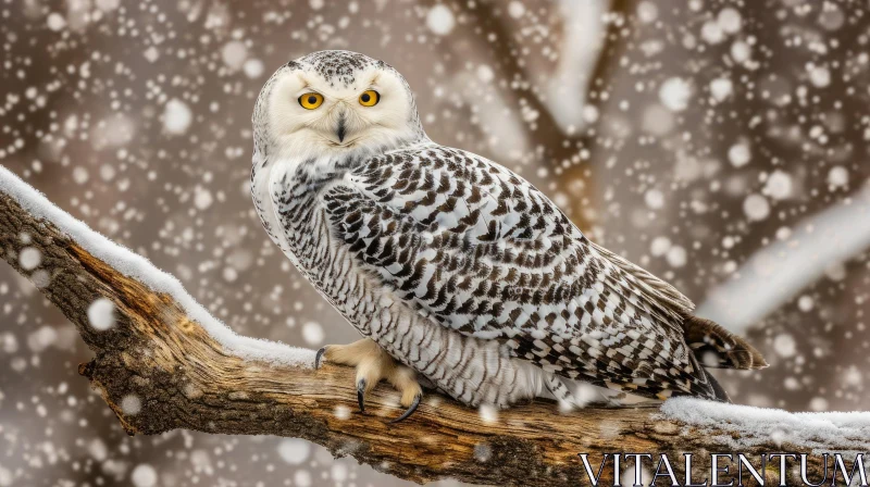 Snowy Owl Perched on Branch in Snowy Forest AI Image