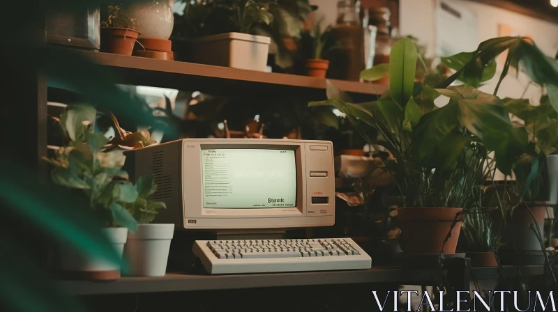 Vintage Computer on Wooden Table with Plants AI Image