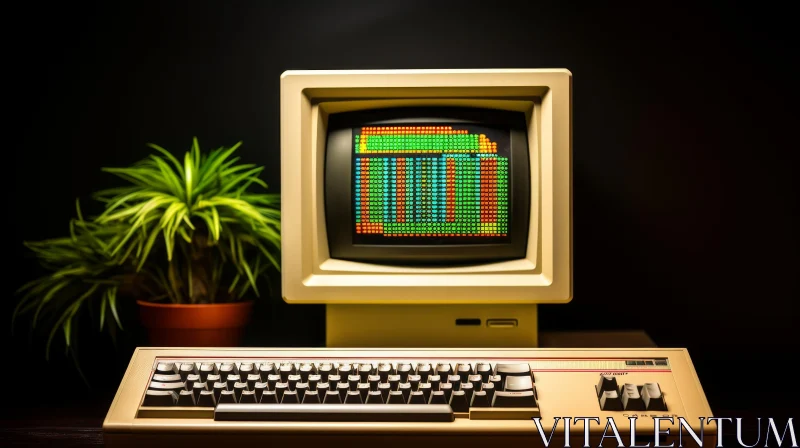 Vintage Computer with Green Screen | Colorful Pattern Display AI Image