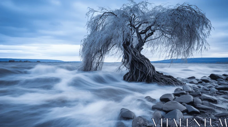Captivating Frozen Movement: Wispy Tree by the Water AI Image