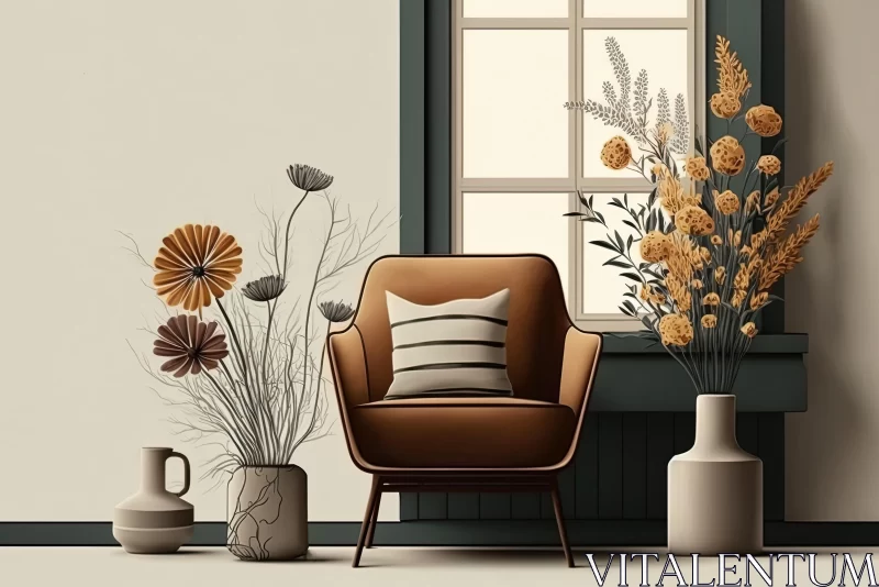 Chair and Vases with Blooming Flowers Illustration | Serene and Calm Art AI Image