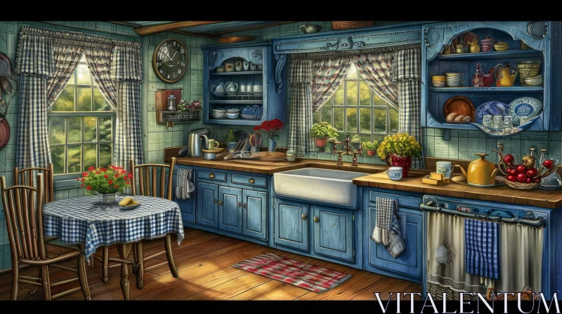 Cozy Blue Kitchen with Wooden Dining Table AI Image