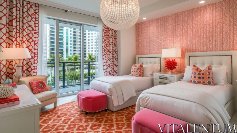 Elegant Bedroom with City View | White Linens and Pink Accents AI Image