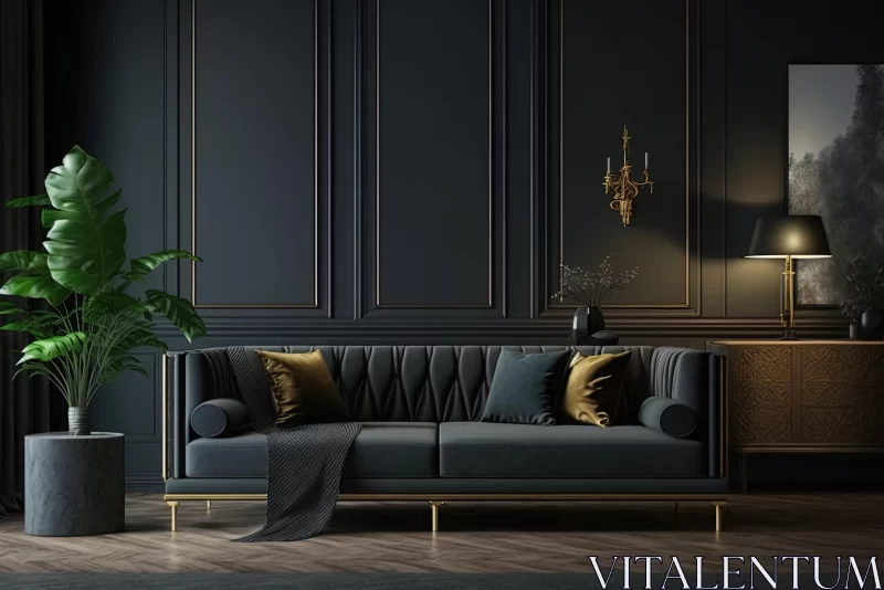 AI ART Elegant Living Room with Modern Black and Gold Furniture