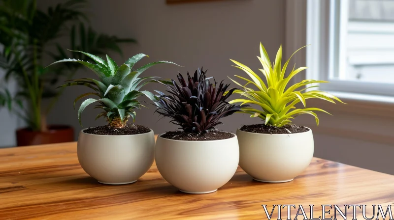 Serenity of Nature: Three Potted Succulents on Wooden Table AI Image
