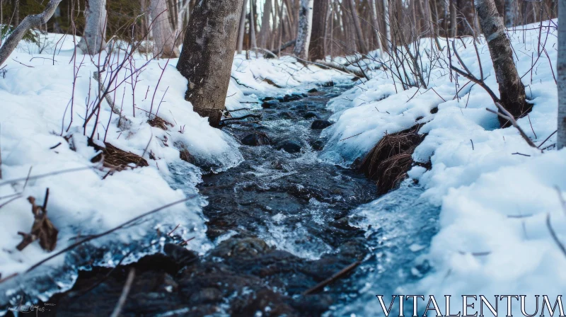 Tranquil Winter Forest Stream - Serene Nature Photography AI Image