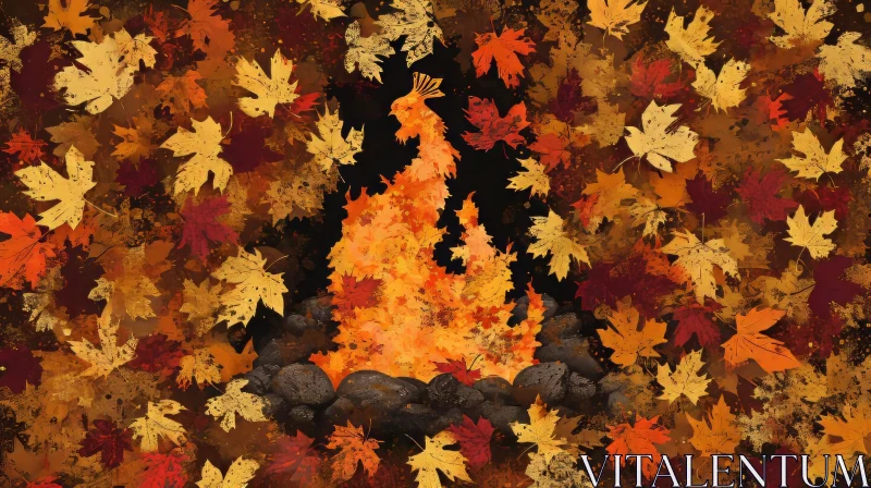 Captivating Fall Scene with a Rising Phoenix and Fallen Leaves AI Image