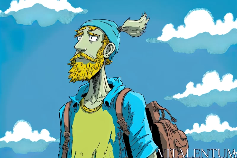 Cartoon Man with Beard and Backpack | Detailed Skies | Figurative Colorist AI Image