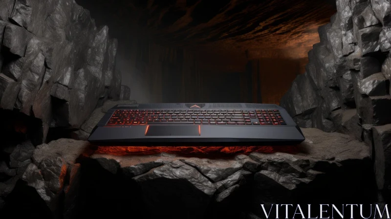 Futuristic Gaming Laptop in Dark Cave AI Image