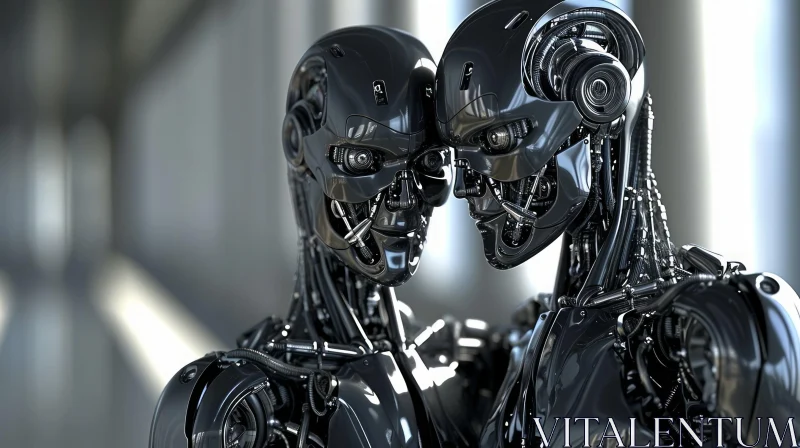 Intricate 3D Rendering of Black Humanoid Robots Facing Each Other AI Image