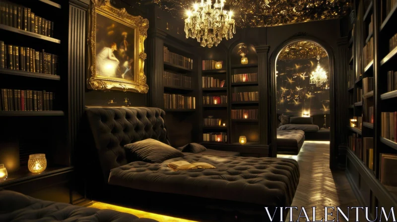 Luxurious Library: A Dark and Mysterious Retreat for Book Lovers AI Image