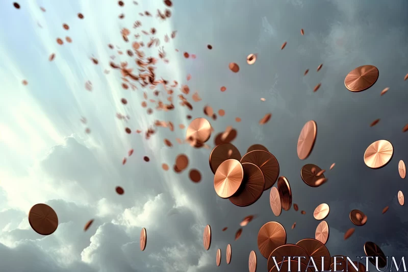 Mesmerizing Coins Falling into the Clouds with a Metallic Finish AI Image