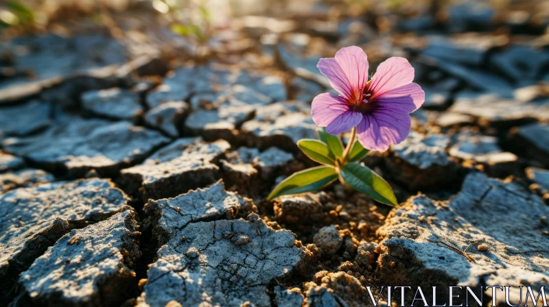 Resilient Beauty: A Purple Flower Emerging from a Crack in the Ground AI Image