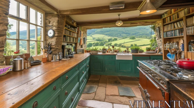 Scenic Kitchen with Valley View | Rustic Green Cabinets AI Image