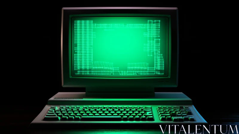 Vintage Computer with Green Screen on Black Table AI Image