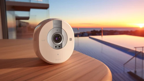 White Round Video Camera at Sunset Over the Sea