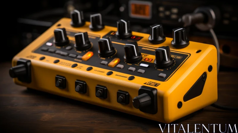 AI ART Yellow Audio Effects Pedal on Wooden Table