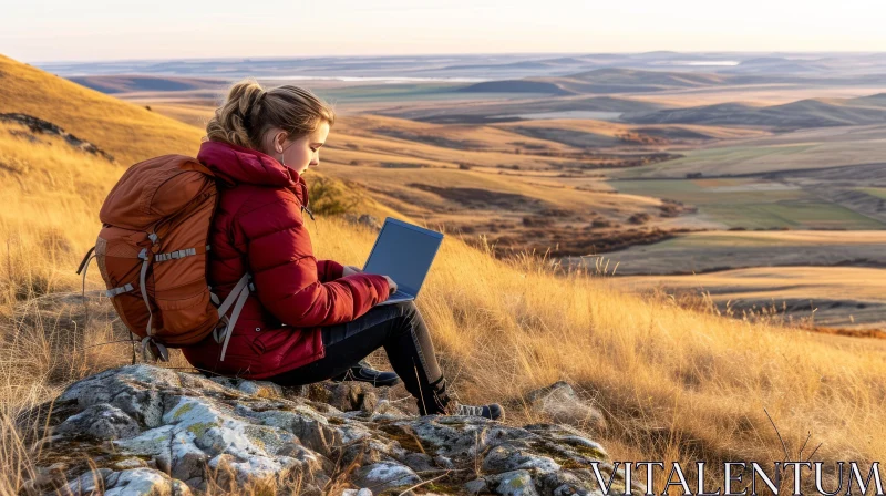AI ART Young Woman with Backpack in the Mountains: A Digital Nomad's Journey