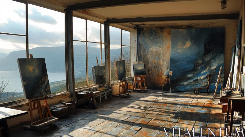 Art Studio Overlooking the Sea | Sunlit Room | Paintings and Easels AI Image