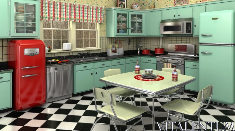 Charming Retro Kitchen in Mint Green and Red Colors AI Image