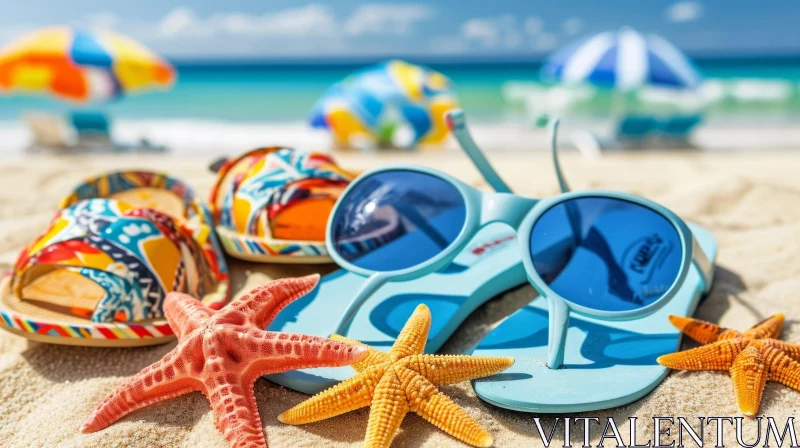 Colorful Flip-Flops, Sunglasses, and Starfish on a Sandy Beach AI Image