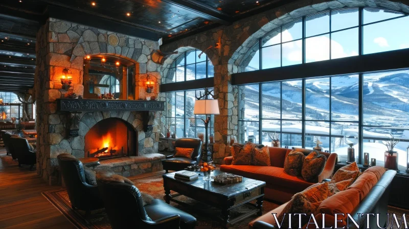 Cozy Living Room with Mountain View and Rustic Fireplace AI Image
