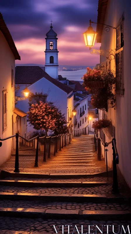 Enchanting Staircase Leading to a Town House at Sunset AI Image