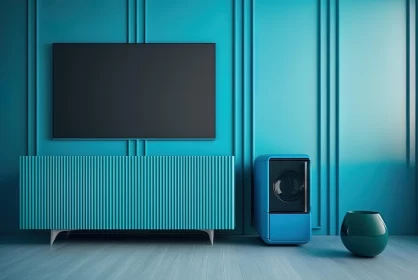 Futuristic Victorian Entertainment Unit on Blue Wall | Cinematic Atmosphere