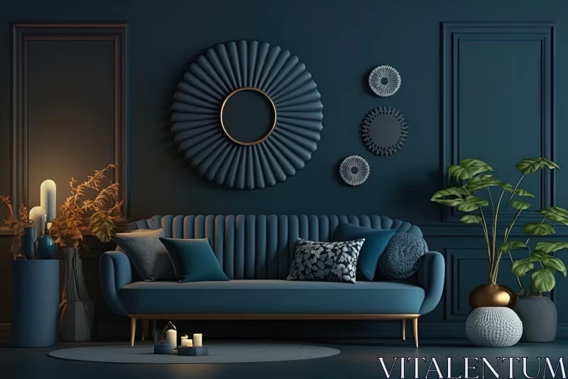 Luxurious Furniture Design Render in Living Room with Blue Wall and Ornament AI Image