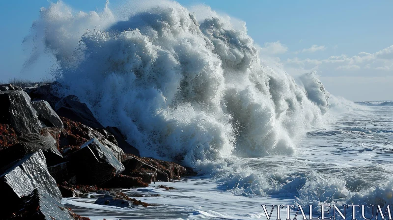 Powerful Wave Crashing Against Breakwater - Nature Photography AI Image