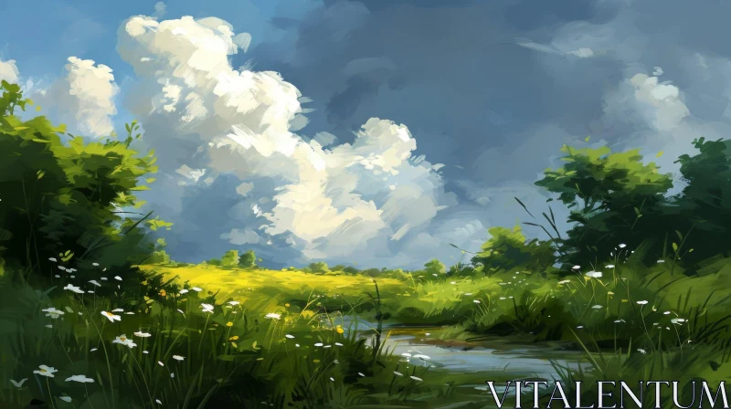 Serene Landscape Painting of a Green Field with a River AI Image