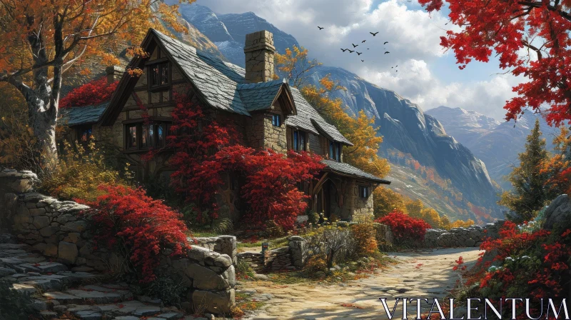 AI ART Serene Mountain Landscape with Stone House and Colorful Nature