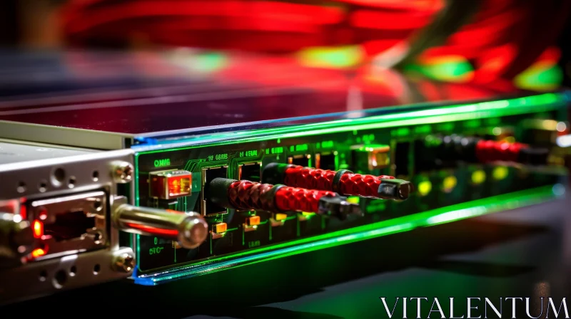 Server Close-Up with Green Lights and Red Cables AI Image