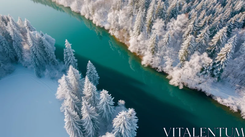 Aerial View of Turquoise River in Snow-Covered Forest AI Image